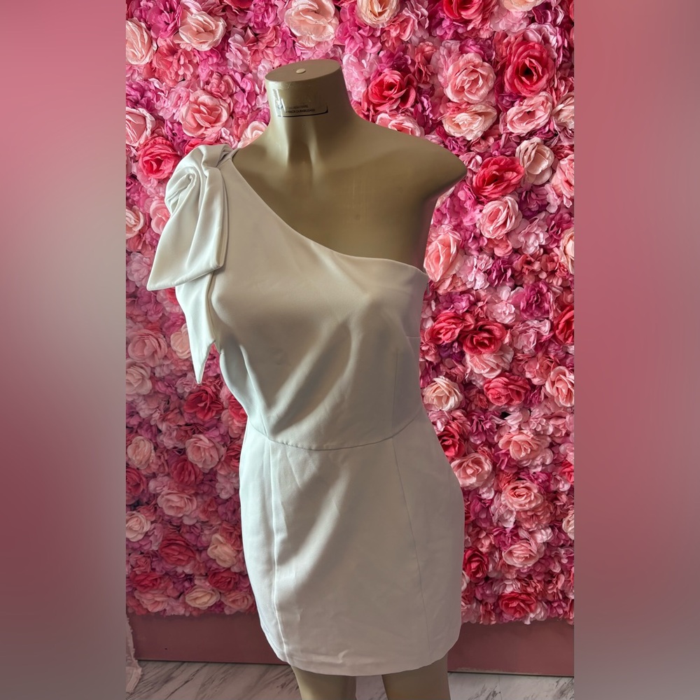 Bold White One-Shoulder Mini Dress With Bow (Size 6)(gianni Bini)